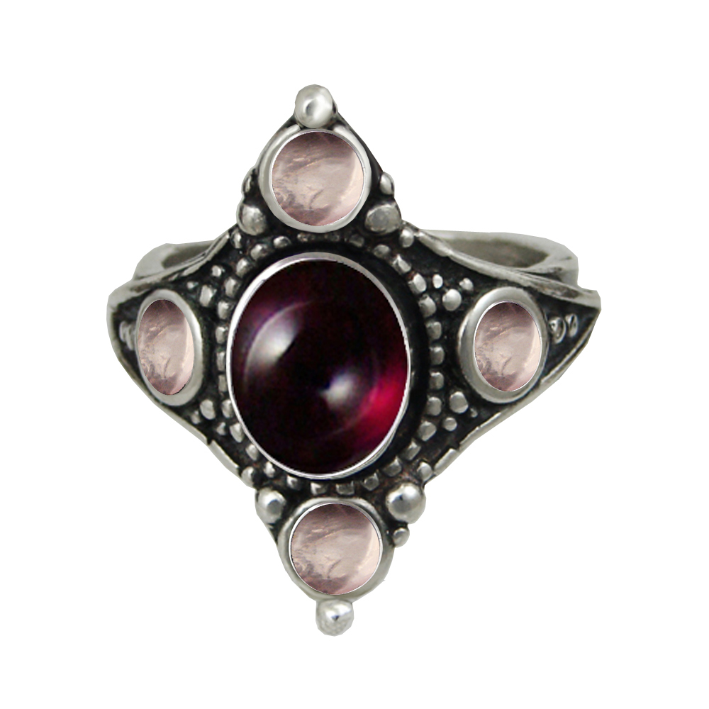 Sterling Silver Renaissance Queen's Ring With Garnet And Rose Quartz Size 10